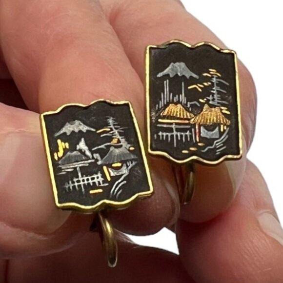 RARE Vtg Japanese Damascene Shakudo Panel Necklace/Bracelet/Screw-On Earrings - Picture 15 of 16